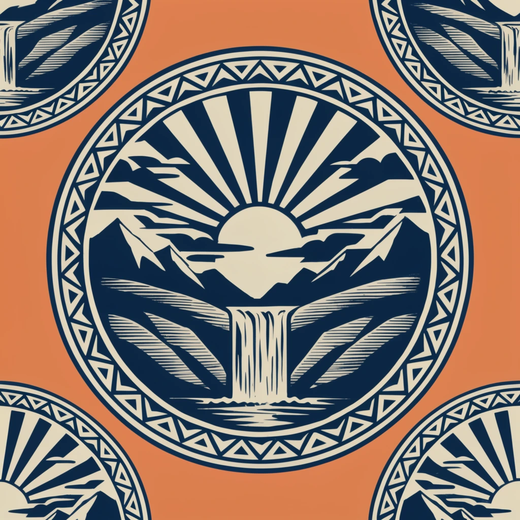 seamless pattern of circular vintage landscape medallions on a muted orange background, dark navy blue and cream color palette, stylized central nature scene, radiant sun with bold geometric rays, flat horizontal clouds, jagged mountain silhouettes, cascading central waterfall, sloping terrain with horizontal line shading, thick circular borders featuring a repeating zigzag triangle motif, retro linocut illustration style, bold graphic vector art, high contrast flat colors, symmetrical composition