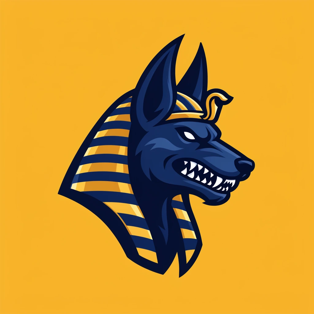 A vector mascot logo of a menacing navy-blue jackal head in profile facing right, set against a solid yellow background. The canine features a blank white eye and bared sharp white teeth. It wears a stylized Egyptian pharaoh headdress with alternating navy and gold stripes and a golden top ornament. The design features bold continuous outlines, sharp cel-shaded highlights, and dynamic graphic curves.