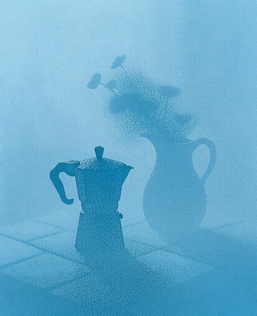 monochromatic cyan blue palette, heavily textured grainy stippled finish, minimalist composition, silhouette of a classic moka pot and a pitcher holding delicate flowers, resting on a geometric tiled surface, soft ethereal hazy atmosphere, pointillist dot art aesthetic, uniform cool blue tones, subtle shadows, organic sponge texture, fine digital noise, contrast between light and medium blue shades, minimalist design reminiscent of vintage screen printing and risograph textures.