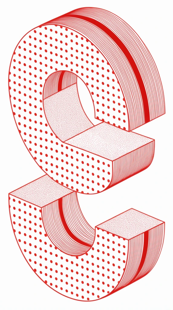 A three-dimensional isometric geometric structure composed of two stacked, open semi-circular loops rendered in crisp red line art on a white background. The flat front-facing surfaces are filled with uniform red polka dots. The extruded side depths are detailed with dense, parallel curving lines bisected by a continuous thick solid red stripe. Inner right-angled facets reveal a finer stippled texture, resulting in a striking, graphic pop-art illustration.
