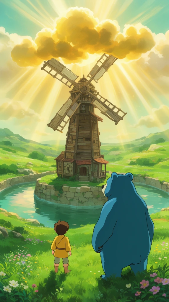 young boy in a yellow tunic, giant bipedal blue bear, lush green meadow, viewing a towering wooden windmill on a stone island, circular moat, glowing sunbeams radiating from a massive golden cloud above, rolling grassy hills, 2D animated fantasy style, bright ethereal atmospheric lighting