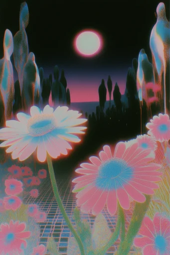 Retro-Surrealist Neon Dreamscape style reference image — low-angle perspective