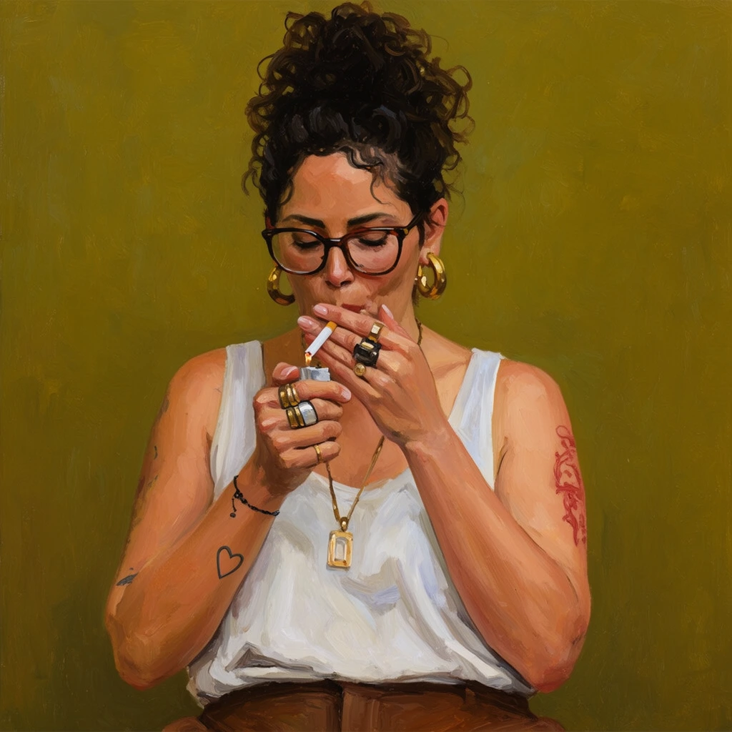 A painterly portrait of a woman lighting a cigarette against a textured mustard-green background. Her dark curly hair is styled in a messy high updo, complementing her dark-rimmed glasses and large gold hoop earrings. She wears a loose white tank top and brown pants. Her hands cup the cigarette near her mouth, showcasing multiple chunky rings and a delicate black bracelet. A gold necklace with a rectangular pendant hangs on her chest. Subtle tattoos mark her arms, including a small heart on her right forearm and a faded red design on her upper arm. The artwork utilizes expressive, visible brushstrokes to create tactile realism across her skin and clothing, enhanced by warm, even lighting and a rich earth-toned palette.