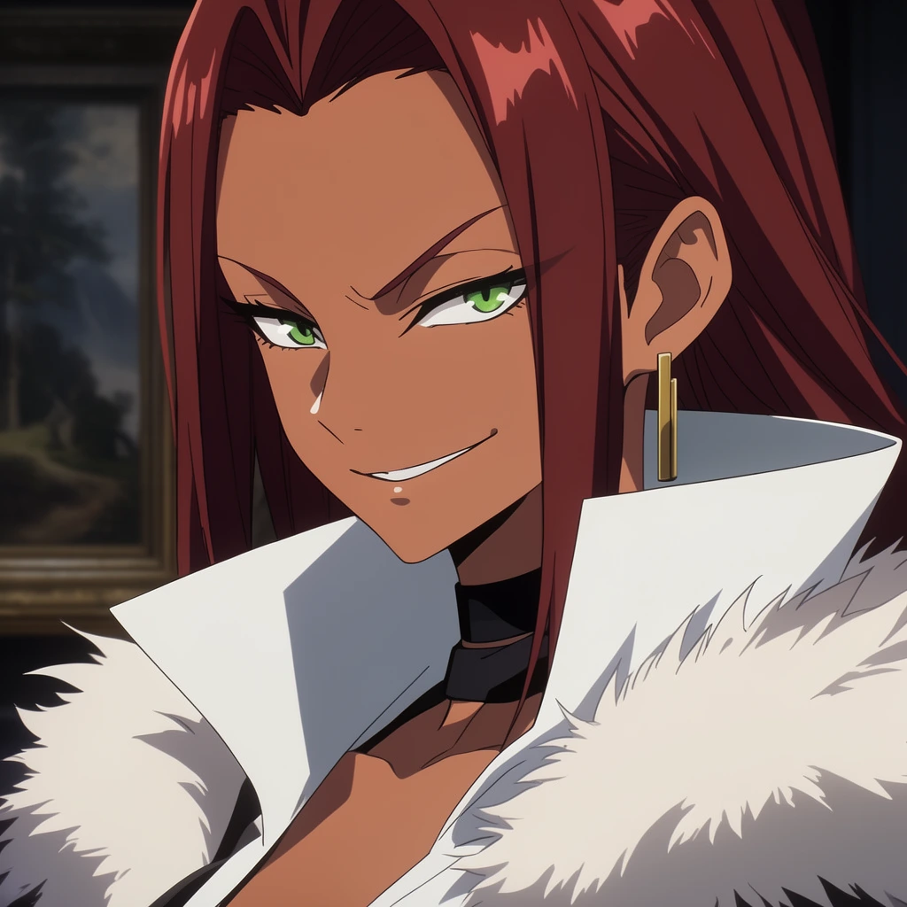 anime style portrait of a confident tan-skinned woman with sharp green eyes, long reddish-brown hair, mischievous smirk, dramatic oversized stiff white collar with fluffy fur trim, black choker, thin gold rectangular earring, crisp cel-shaded illustration, blurred dark interior background with a framed landscape painting