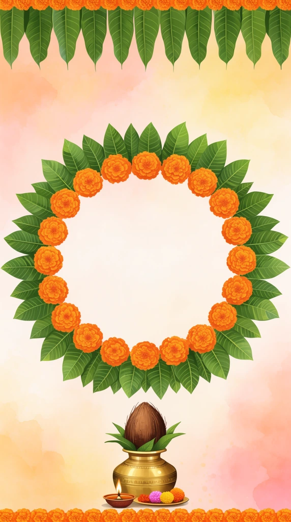 symmetrical festive graphic, central circular wreath of green mango leaves and orange marigolds, soft peach and yellow watercolor gradient background, golden brass pot at bottom center topped with a brown coconut and leaves, small plate holding a lit oil lamp and offerings, top hanging leaf garland, bottom border of uniform orange marigolds, rich warm colors, digital illustration