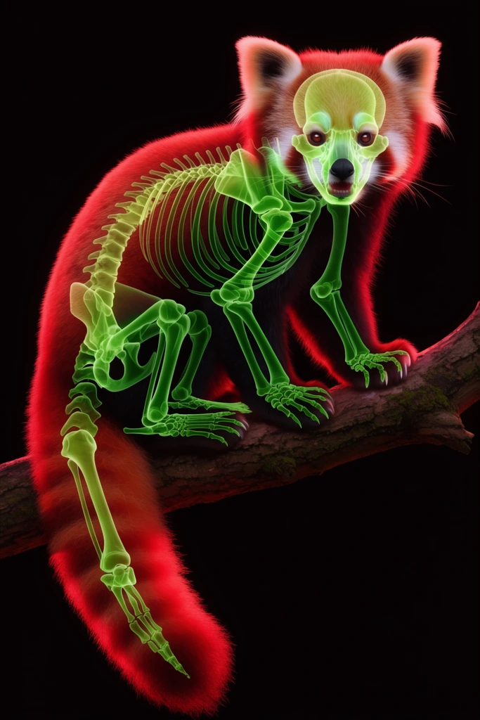 red panda on a branch, glowing translucent neon green skeletal anatomy overlaid on its body, vibrant red fur, dramatic red rim lighting, black background, surreal digital art