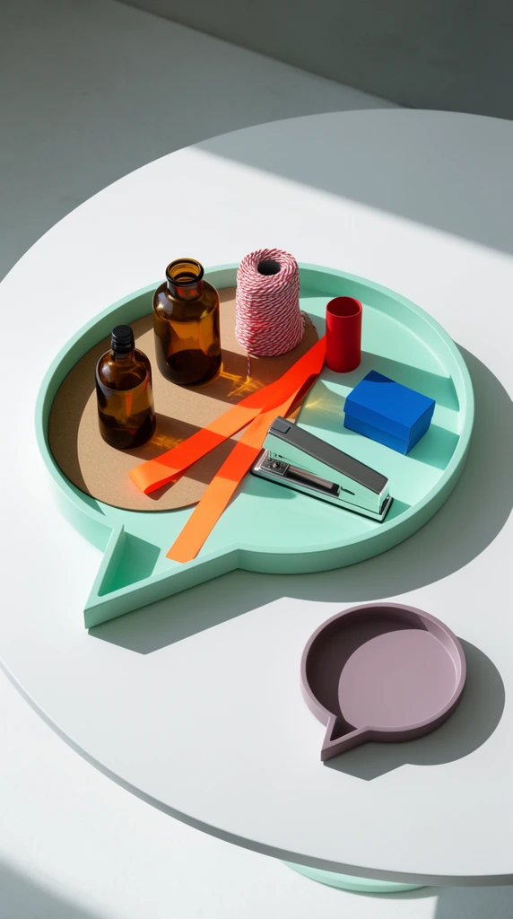 A high-angle minimalist still life featuring a mint green speech-bubble-shaped tray on a pristine white circular table. The tray holds amber glass bottles on a tan pad, red-and-white twine, a red cylinder, neon orange ribbon, a silver stapler, and a small blue box. A smaller empty mauve speech-bubble tray rests nearby. Sharp directional sunlight casts stark geometric shadows across the clean color-blocked composition.
