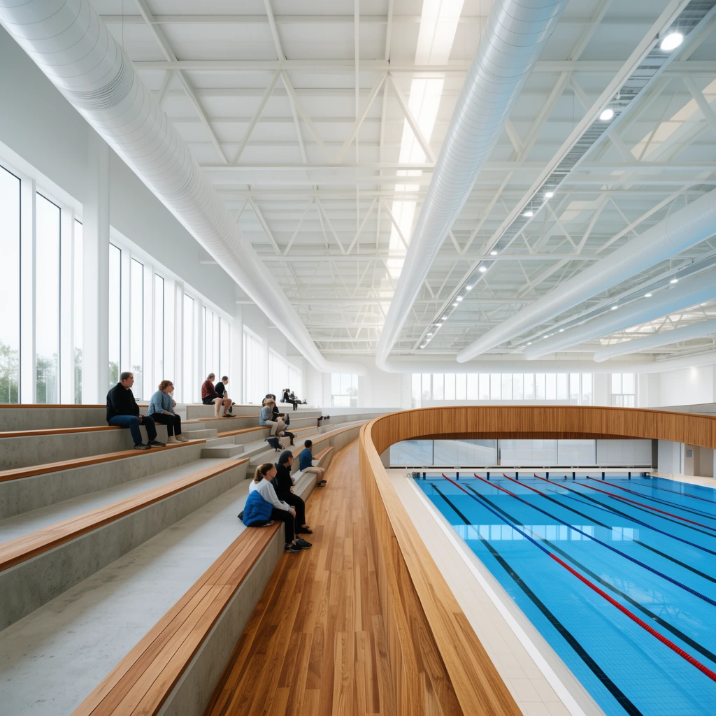 A modern indoor swimming pool viewed from elevated concrete and wood bleachers where several spectators sit. The bright expansive space features a blue pool with red and black lane lines, a curved wood-paneled walkway, tall windows, and a high white ceiling with exposed structural trusses and cylindrical ventilation ducts.