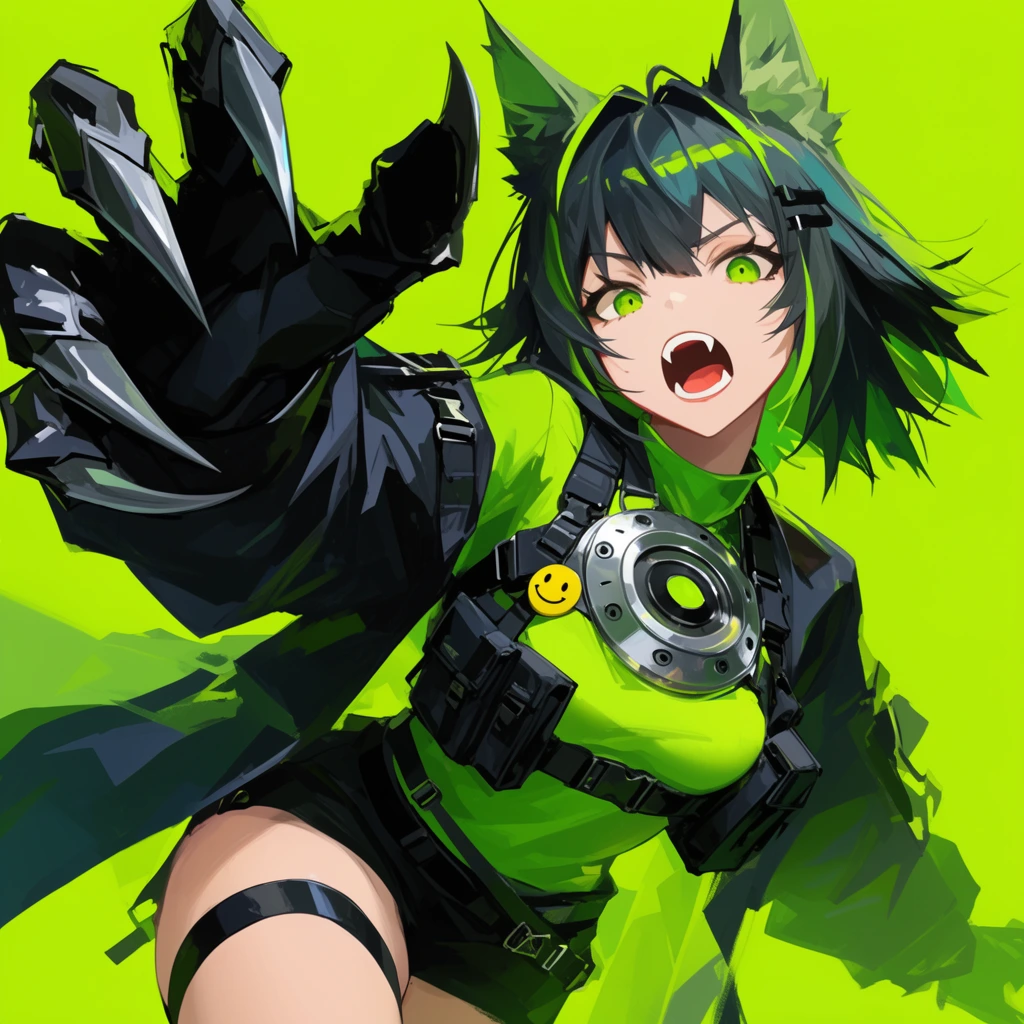 An anime-style female character lunges forward against a solid neon green background. She features choppy dark hair with green highlights, pointed animal ears, green eyes, and fangs. Her outstretched right hand wears a massive black clawed gauntlet. She is dressed in a tactical neon green top, a black harness with utility pouches, a dark jacket, and a black thigh strap. A circular metallic chest piece and a yellow smiley pin accent her gear. The vibrant digital illustration emphasizes energetic action, bold color blocking, and sharp angles.