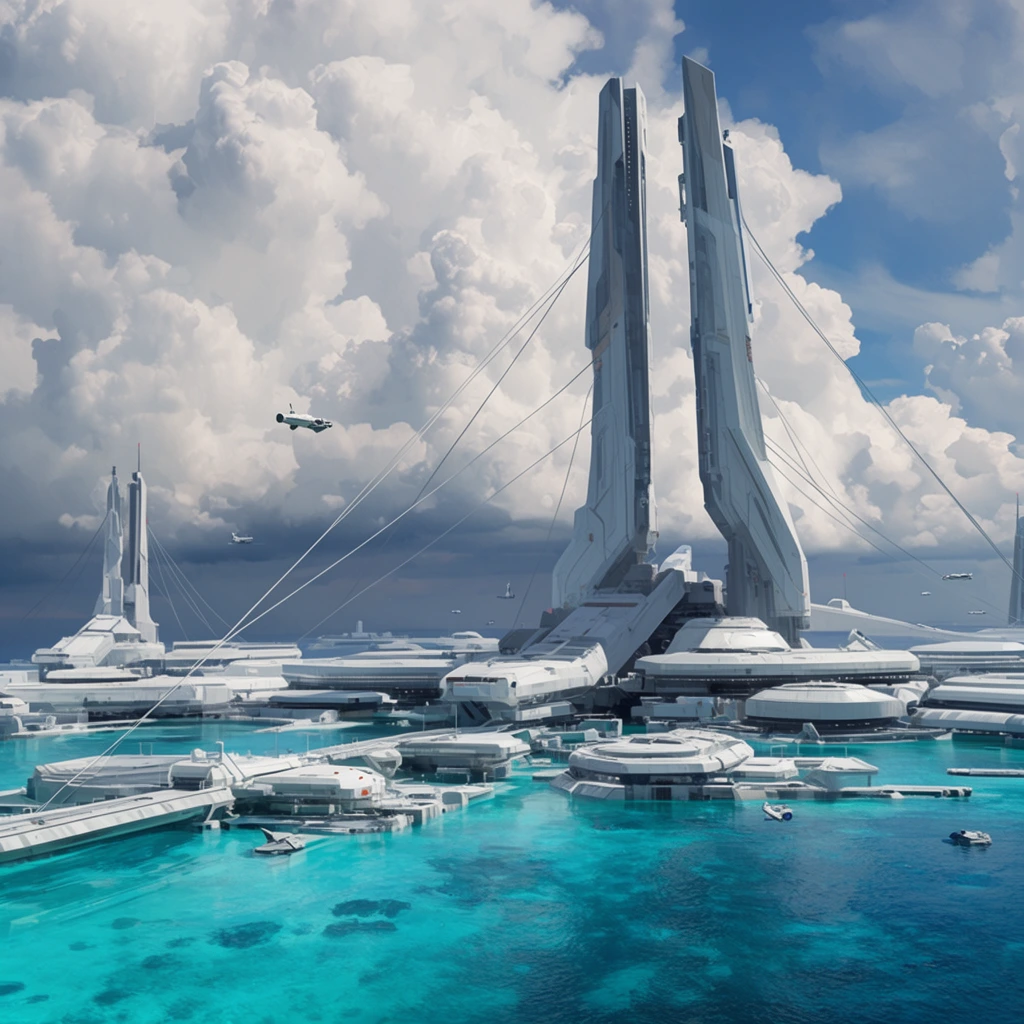 massive futuristic ocean facility, bright turquoise water, white modular structures, tall angular towers, suspension cables, small hovering aircraft, towering cumulus clouds, cinematic wide shot, sci-fi concept art