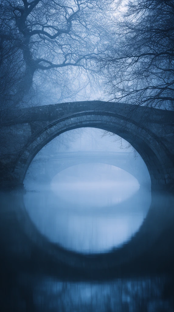 arched stone bridge, perfect circular reflection in calm river water, heavy morning mist, framed by intricate bare winter tree branches, faint second bridge in the background, cold atmospheric blue tones, moody landscape photography