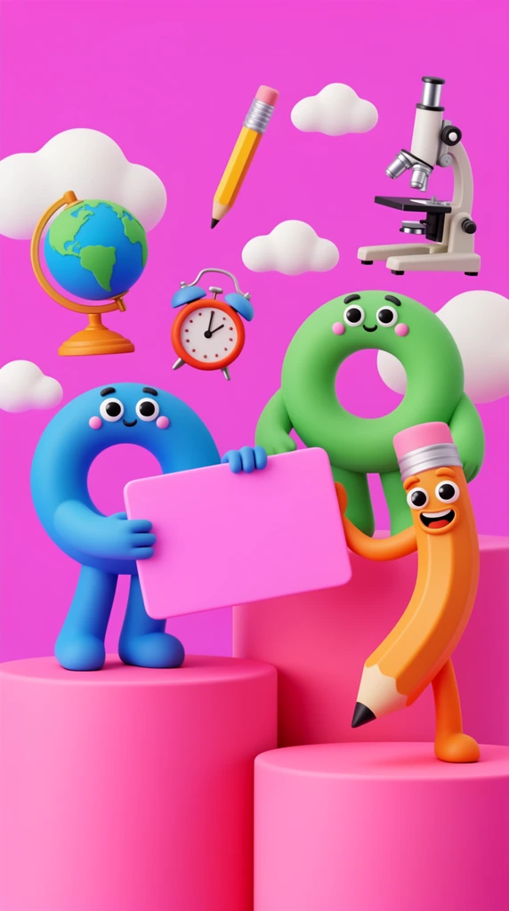 vibrant 3D render, smiling blue and green ring-shaped mascots holding a pink board, an orange bent pencil character, pink pedestals, floating school supplies including a globe, microscope and alarm clock, white clouds, magenta background, smooth matte textures