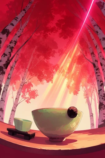 Luminous Crimson Canopy style reference image — low-angle forest perspective