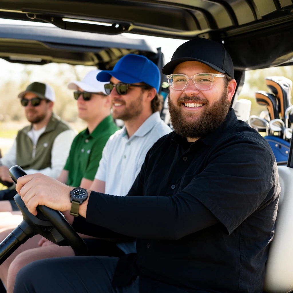 A bearded man with clear-framed glasses smiles broadly from the driver's seat of a shaded golf cart. He wears a black baseball cap, a black short-sleeve button-down over a long-sleeve shirt, and dark trousers. A dark watch on an olive strap rests on his wrist near the steering wheel. Behind him, three male passengers fade into a shallow depth of field, all wearing baseball caps and sunglasses. The closest passenger sports a bright blue cap, the middle a white cap and green polo, and the furthest an olive and white jacket. Golf bags are visible in the back right corner. Bright natural sunlight streams into the vehicle, casting crisp shadows and illuminating the group against a brightly lit, blurred outdoor landscape. The eye-level medium shot captures a warm, candid photographic style.