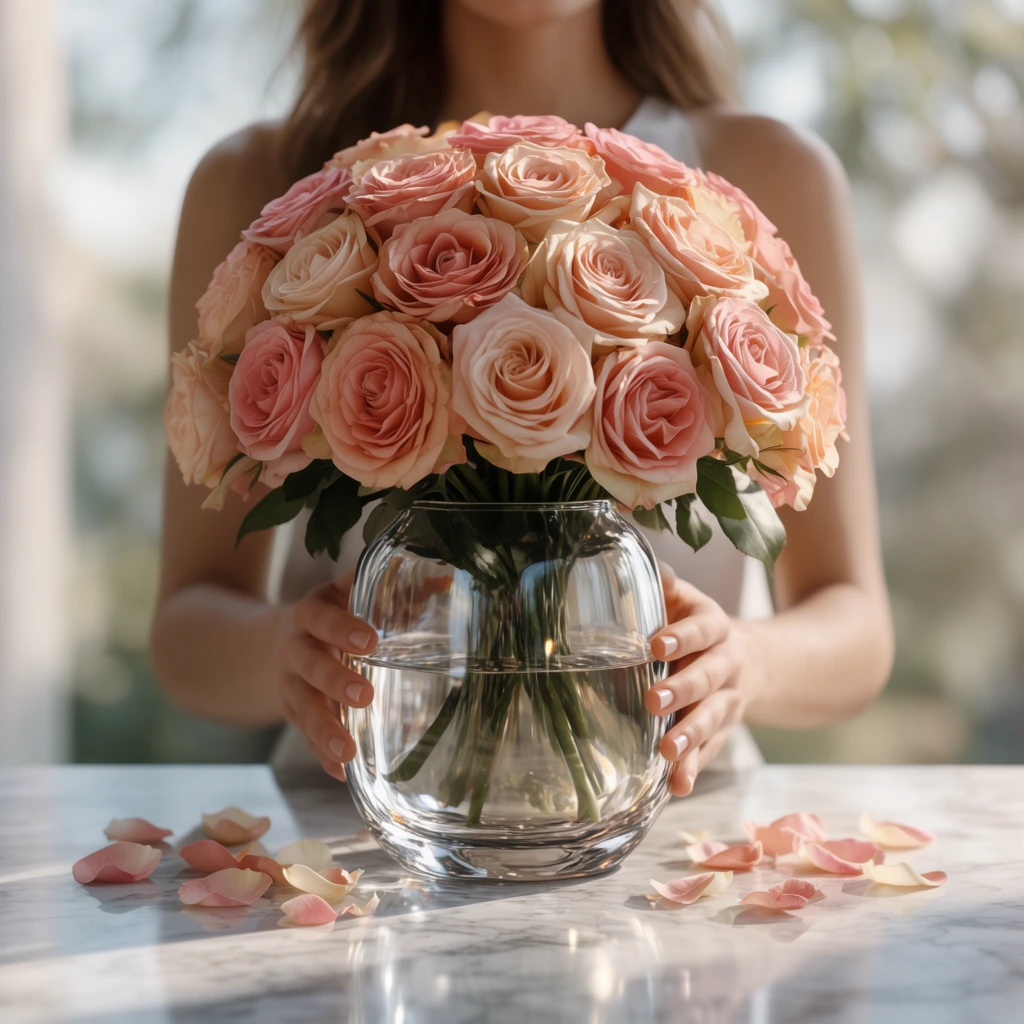 A woman holds a thick, luminous glass vase overflowing with a dense, oversized bouquet of roses, resting on a polished marble table. Loose rose petals are scattered across the smooth marble surface in the immediate crisp foreground. The image features high-end, hyper-realistic commercial photography with central framing and a precise focal plane. Soft, natural sunlight bathes the scene, creating brilliant, sharp specular highlights and pristine reflections on the curved glass and sleek stone surfaces. A pronounced shallow depth of field isolates the main subjects, blurring the background into a creamy, softly muted bokeh of natural, airy tones. The lighting emphasizes the meticulous tactile details of the velvety flower petals, the solid clarity of the glass, and the cool, veined texture of the marble under a bright, even daylight atmosphere.