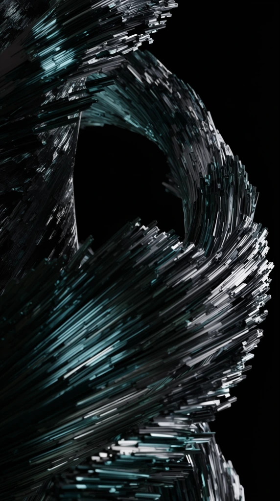 abstract 3D form of a sweeping organic curve, composed of clustered extruded geometric rods, stark black background, dark silver and deep teal metallic palette, highly reflective crystalline texture, staggered fragmented edges, futuristic brutalist aesthetic, dramatic lighting, high contrast