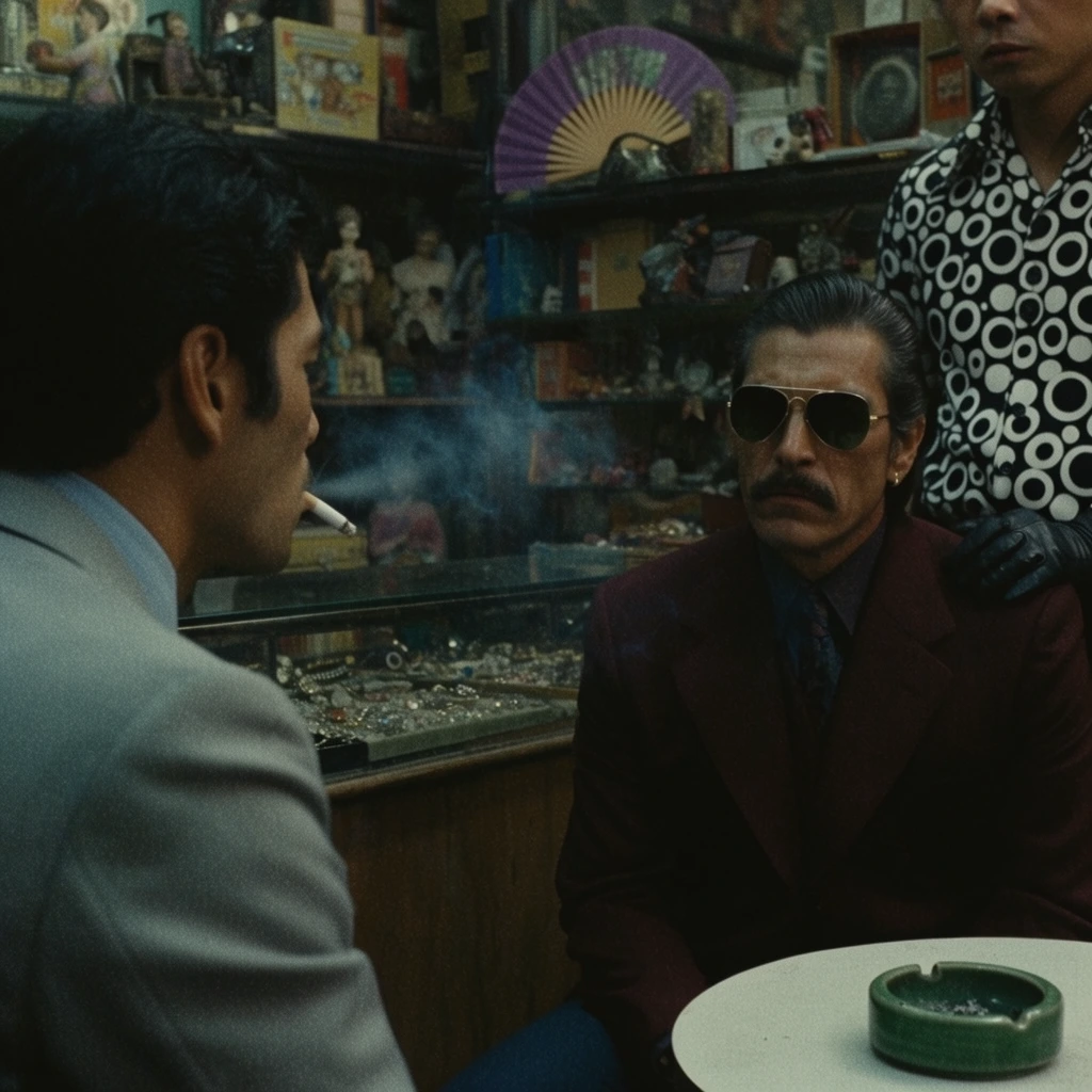 Viewed over the shoulder of a dark-haired man in a light grey suit exhaling a thin plume of cigarette smoke, the scene centers on a tense exchange in a dimly lit, cluttered shop. Sitting opposite him is a stern man with a mustache, slicked-back hair, dark aviator sunglasses, and a maroon suit jacket. Behind this central figure stands a third person in a bold circular-patterned black-and-white shirt, resting a gloved hand on the seated man's shoulder. The claustrophobic background features densely packed shelves displaying eclectic objects like figurines, boxes, and a purple-edged folding fan, alongside a glass counter filled with jewelry. A small green ceramic ashtray sits on a white table in the lower right foreground. The image embodies a gritty 1970s cinematic style, characterized by heavy film grain, deep shadows, a muted palette of earthy browns and cool blues, and a wide anamorphic aspect ratio.