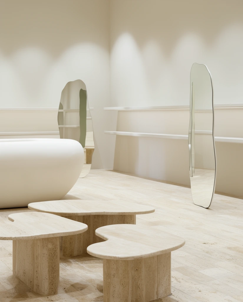A minimalist contemporary interior defined by a monochromatic cream and beige palette. Low, stepped travertine benches with organic, asymmetrical edges anchor the foreground next to a large, matte white, curved monolithic structure. Tall, frameless, irregularly shaped standing mirrors reflect the textured stone floor and thin white horizontal display rails lining the walls. Soft, diffuse lighting creates gentle arched shadows across the pristine, neutral-toned gallery space.