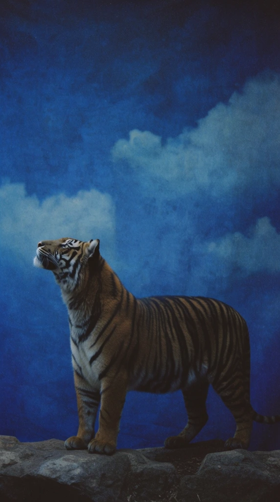 A single striped tiger stands in the foreground on a rocky edge spanning the bottom of the frame, its head angled upwards against a sky with clouds. The composition utilizes a stark, minimalist fine-art editorial aesthetic, characterized by generous negative space and a moody, cool-toned atmosphere. Soft, diffused lighting illuminates the tiger's fur and the textured rocks, dropping into gentle, deep shadows that anchor the subject. The background sky and clouds are rendered in rich, saturated indigo and cobalt blue hues with a distinct mottled, painterly texture, heavily resembling a classic hand-painted muslin studio backdrop. The entire frame is unified by a fine, tactile analog film grain, a soft matte finish, and a vignette that deepens the rich blue tones at the corners, enhancing the deeply isolated and striking visual weight of the scene.