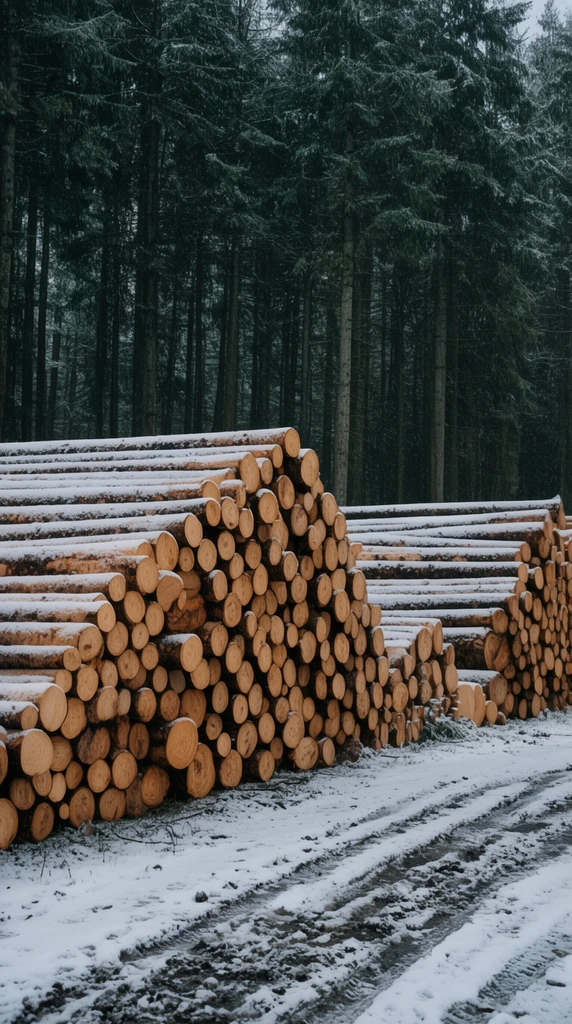 Stacks of freshly cut timber logs dusted with snow, muddy tracks on snow-covered ground, dense tall dark evergreen forest, overcast winter landscape photography, naturalistic