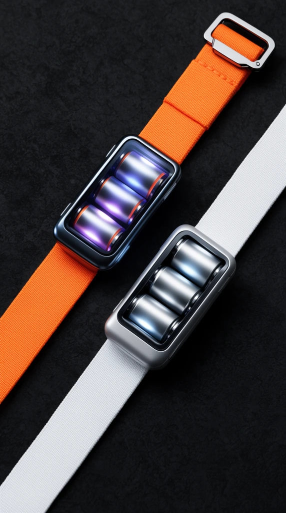 Two futuristic rectangular wrist devices rest on intersecting diagonal fabric straps against a dark textured background. One device features a dark metallic case revealing glowing cylindrical rollers on a bright orange strap with a metal clasp. The second sports a silver case and rollers on a white strap. Shot in a high-end top-down product photography style with crisp studio lighting emphasizing metallic and woven material contrasts.