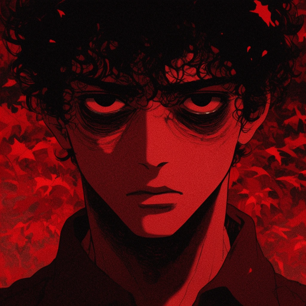 close-up portrait of a young man with intense dark eyes and heavy eyebags, curly dark hair, monochromatic red and black color palette, abstract falling red leaves background, dramatic shadows, heavy film grain, dark anime horror illustration