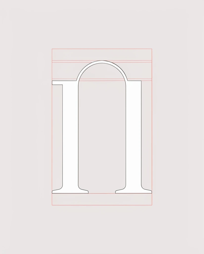 A minimalist technical illustration on a pale, warm gray background centered on a precise geometric figure. The central motif is a stark white shape outlined in thin, crisp black strokes, consisting of two vertical pillars connected by a rounded archway. The left pillar features a small rectangular extension at its top left, while the bottoms of both pillars flare out into flat, horizontal bases. This central shape is enclosed within a vertical rectangular bounding box drawn with thin red lines, intersected by parallel horizontal red guide lines that align precisely with the top, bottom, and inner curve of the arch. The composition relies on stark negative space, precise vector-like line work, and a clean, clinical aesthetic devoid of shading or texture.