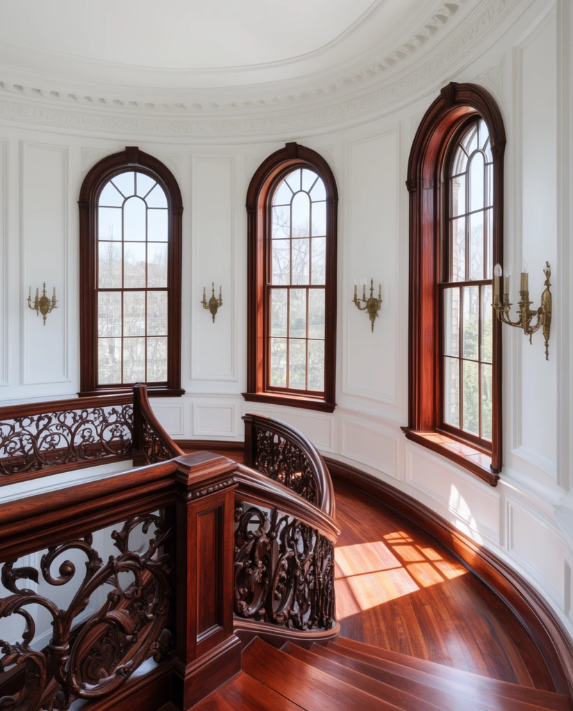 curved mahogany staircase, ornate carved wood balustrades, polished hardwood flooring, crisp white curved walls, classical panel molding, three tall arched windows, rich dark wood window casings, brass wall sconces, bright natural daylight streaming in, sharp geometric shadows, elegant interior architectural photography