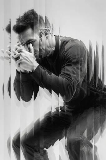 Monochrome Geometric Surrealism style reference image — analog grain texture