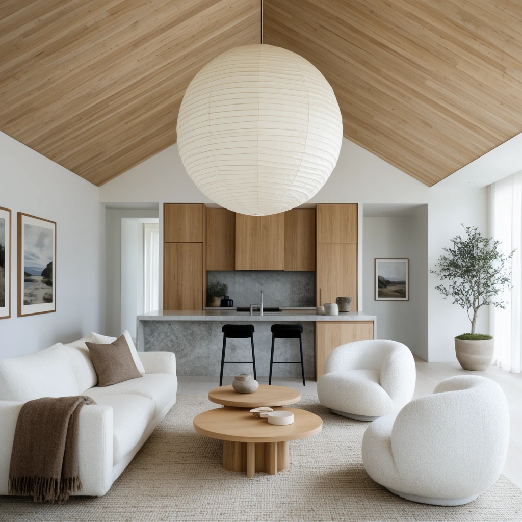 An open-plan living room and kitchen featuring a vaulted light wood-paneled ceiling and minimalist decor. A plush white sofa with a brown throw faces two rounded white bouclé armchairs and a tiered wooden coffee table resting on a textured beige rug. A massive spherical paper lantern hangs centrally over the seating area. The background kitchen includes flat-panel wood cabinetry, a grey stone island, and two black bar stools. Framed landscape prints and a potted tree accent the bright white walls, illuminated by soft, diffused natural light.