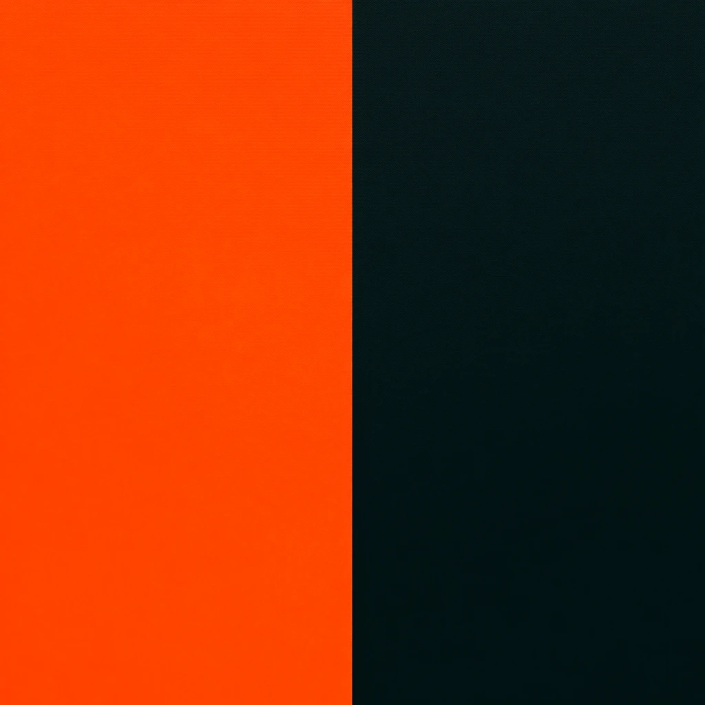 A minimalist geometric composition divides the frame perfectly in half vertically with bold color blocking. The left section consists of a solid, vibrant, highly saturated orange field. The right section is filled with a deep, dark blackish-teal hue. A razor-sharp vertical edge runs precisely down the center, abruptly separating the two distinct colors. A fine, uniform, microscopic canvas-like texture spans the entire surface, lending a subtle tactile quality to the flat, graphic blocks of pure, solid color.