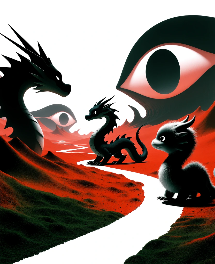 surrealist high-contrast graphic landscape, a large dragon on the left, a central dragon, and a smaller fluffy dragon on the right positioned as dark silhouettes against a stark white winding path, massive oculiform landforms with granular rust-red slopes and concentric forest green mossy textures, saturated cobalt blue flat sky, harsh high-noon sunlight with razor-sharp shadows, minimalist 1970s conceptual aesthetic, tactile geological finishes, velvet-matte rendering.