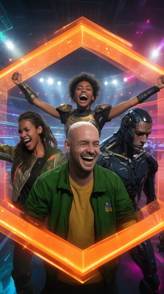 Enthusiastic sci-fi team framed by orange hexagon, laughing bald man in green jacket, woman with wide arms, cheering warrior, brooding dark cyborg, neon e-sports arena, bright stadium lights, cinematic composition