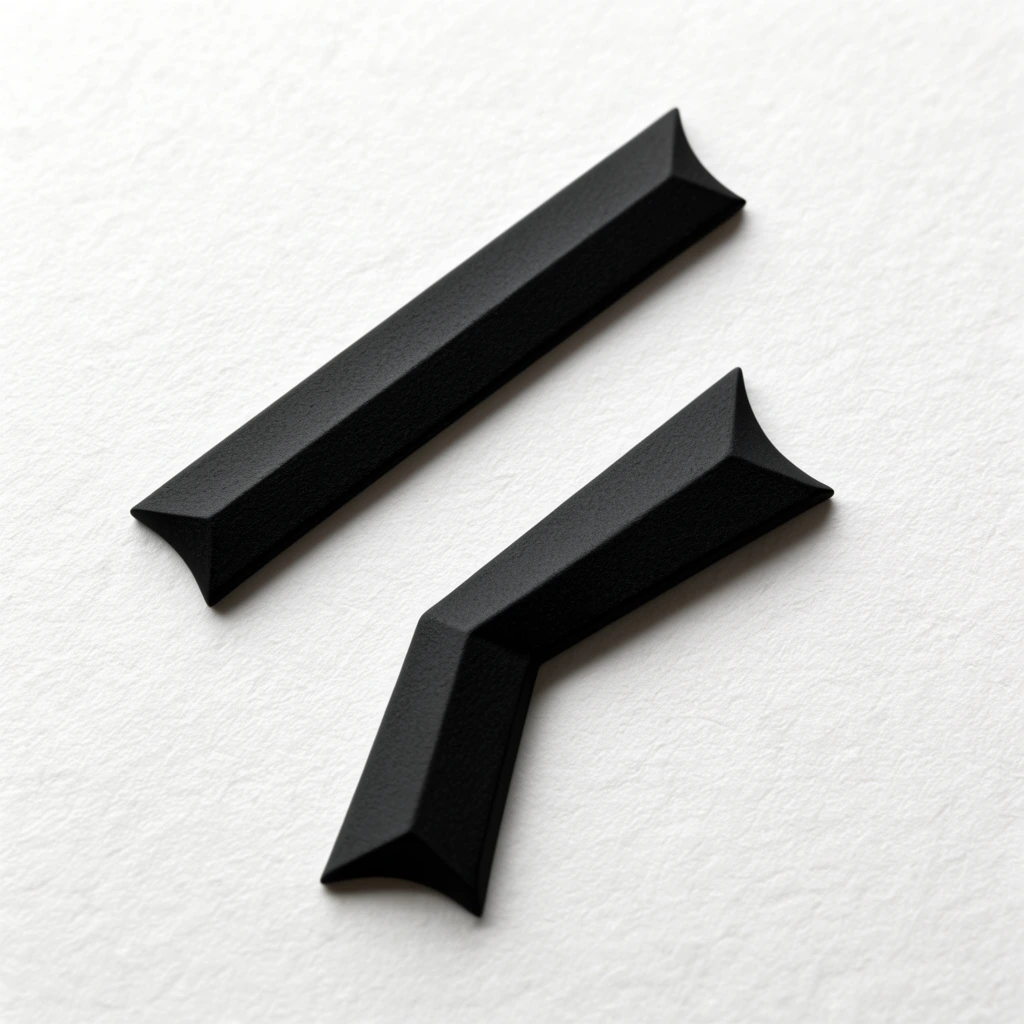 Two raised matte black geometric forms sit on grainy white paper. A straight diagonal bar rests above an asymmetrical angled bracket. Both feature a beveled central ridge and sharply flared, pointed ends. Soft top-left lighting casts subtle drop shadows, highlighting the tactile, three-dimensional profile against the bright, textured background.