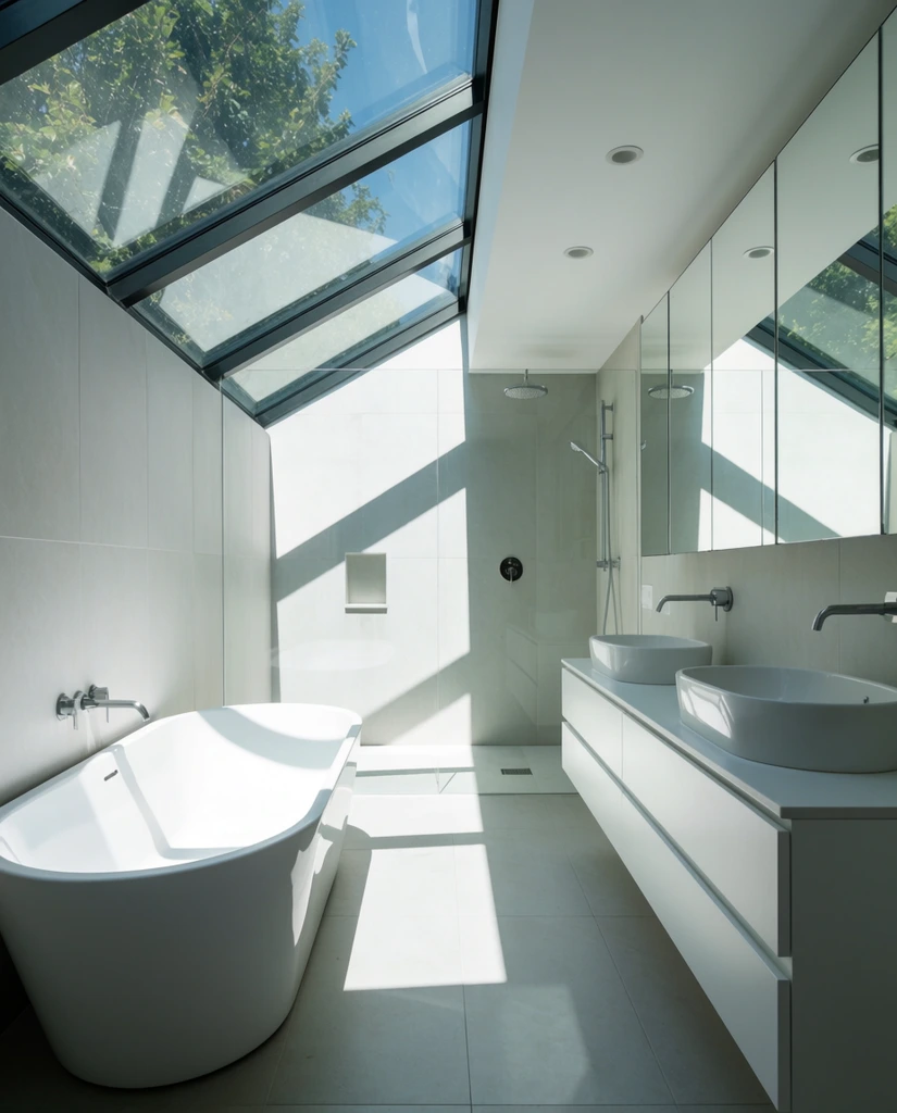 modern minimalist bathroom, freestanding white bathtub, slanted glass ceiling over shower, bright natural sunlight, geometric shadows, floating white vanity, dual vessel sinks, large frameless mirror, light gray floor tiles, architectural interior photography