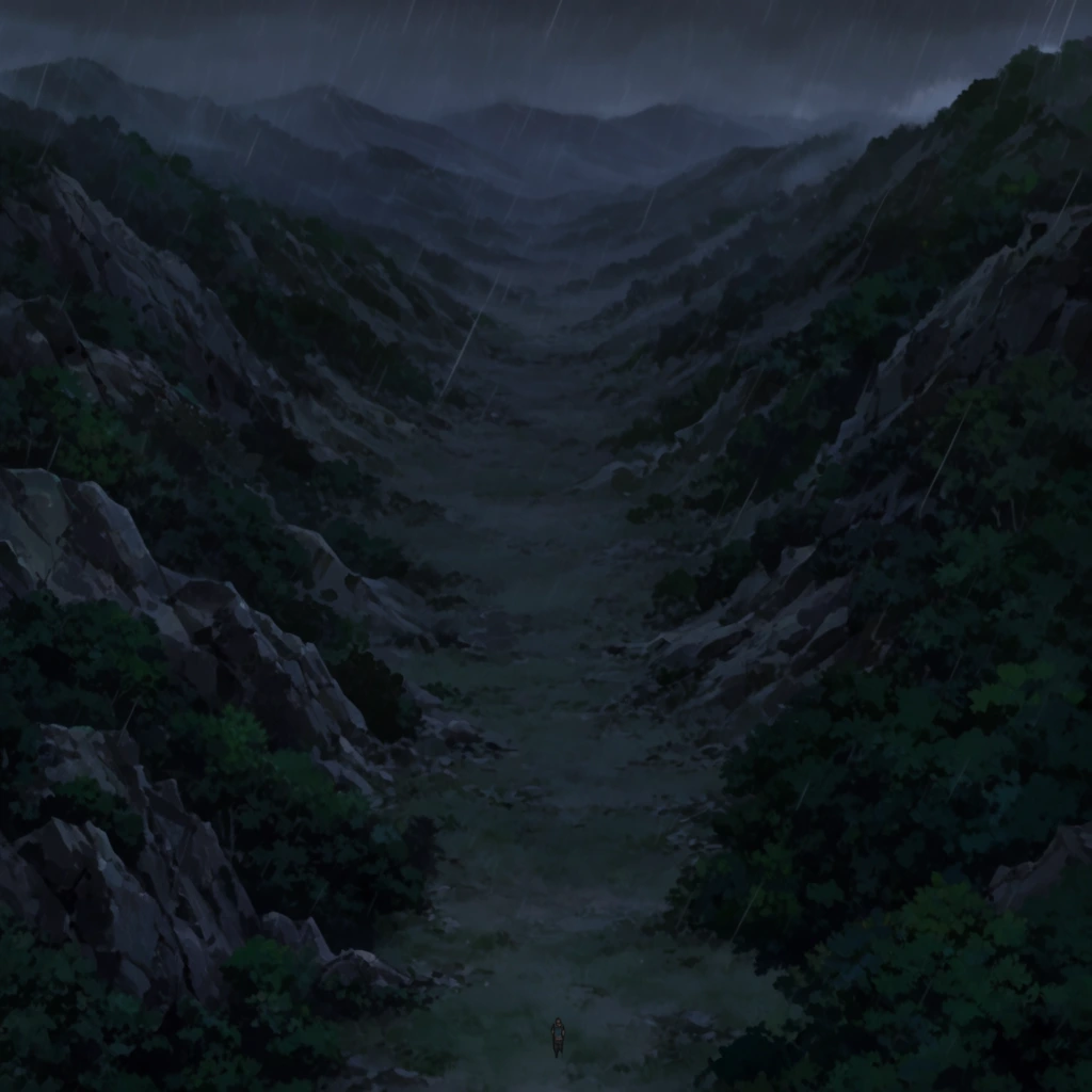 A vast, dimly lit mountain gorge under a heavy downpour, rendered in a highly detailed 2D matte painting style. A wide establishing shot looks down into a deep valley flanked by steep, rocky slopes. The craggy mountainsides are blanketed in shadowed greens and slate grays, featuring dense patches of forest and jagged stone outcroppings. The desolate valley floor stretches toward misty peaks fading into a gloomy, overcast sky. Thin, diagonal rain streaks slice across the entire frame, enhancing the atmospheric mood. At the extreme bottom center, a minuscule, solitary figure stands against the immense scale of the rugged landscape. Low-key lighting and a cool palette of deep navy, charcoal, and forest green emphasize the stormy environment.