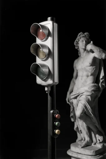 Monochrome Geometric Chiaroscuro style reference image — stark black background