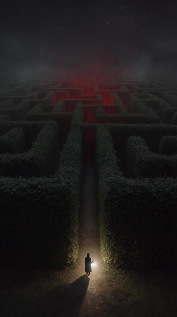 high-angle view of a massive dark hedge maze at night, tiny silhouetted figure standing at the maze entrance holding a glowing white lantern, narrow illuminated dirt path between towering dense green foliage walls, ominous deep red light radiating from the distant labyrinth center, misty fog, faint starry sky, cinematic low-key lighting, stark scale contrast, dark fantasy aesthetic, atmospheric detailed digital painting