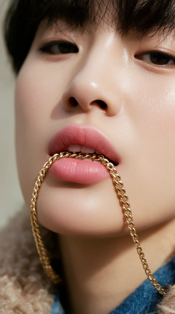 An extreme close-up portrait of a person gently biting a delicate gold chain between slightly parted, full pink lips. Fair skin with visible pores and subtle shine frames partially visible dark eyes and short dark hair. The subject wears a textured fuzzy beige collar over blue denim. Soft natural light illuminates the gleaming metal links against a smoothly blurred neutral background, creating a sharp, intimate fashion photography composition.