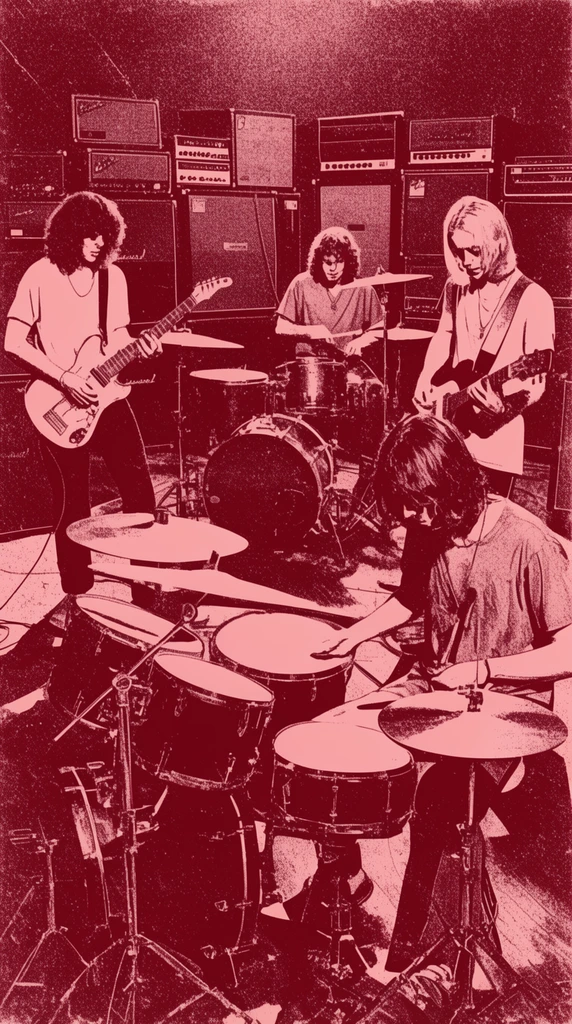 large indie rock band performing among amplifier stacks, musicians playing electric guitars and drums, duotone pale pink and dark red color palette, high contrast distressed print texture, vintage grunge punk poster aesthetic, retro halftone grain
