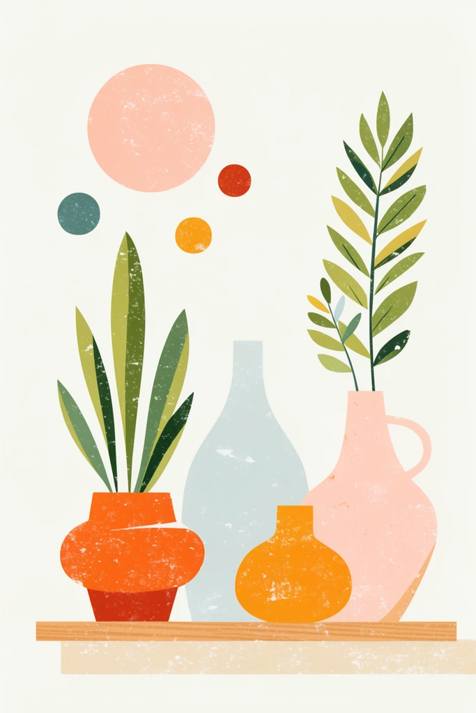 minimalist still life illustration of potted plants and ceramic vases on a shelf, mid-century modern aesthetic, flat shapes with distressed speckled texture, warm pastel color palette, abstract floating circles, off-white background
