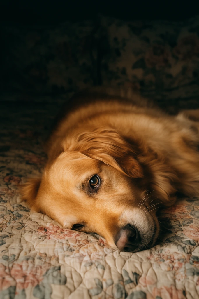 A golden retriever lies flat on a quilted, faded floral fabric, resting its head and gazing directly at the lens. Warm, directional lighting illuminates the dog's face and dark, expressive eye, while its body and the patterned background fade into deep, moody shadows. The cinematic portrait features a shallow depth of field, emphasizing the sharp, textured golden fur against the dark, blurred, and cozy environment.