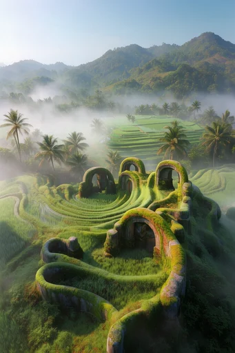 Biophilic Solarpunk Horizon style reference image — misty tropical landscape
