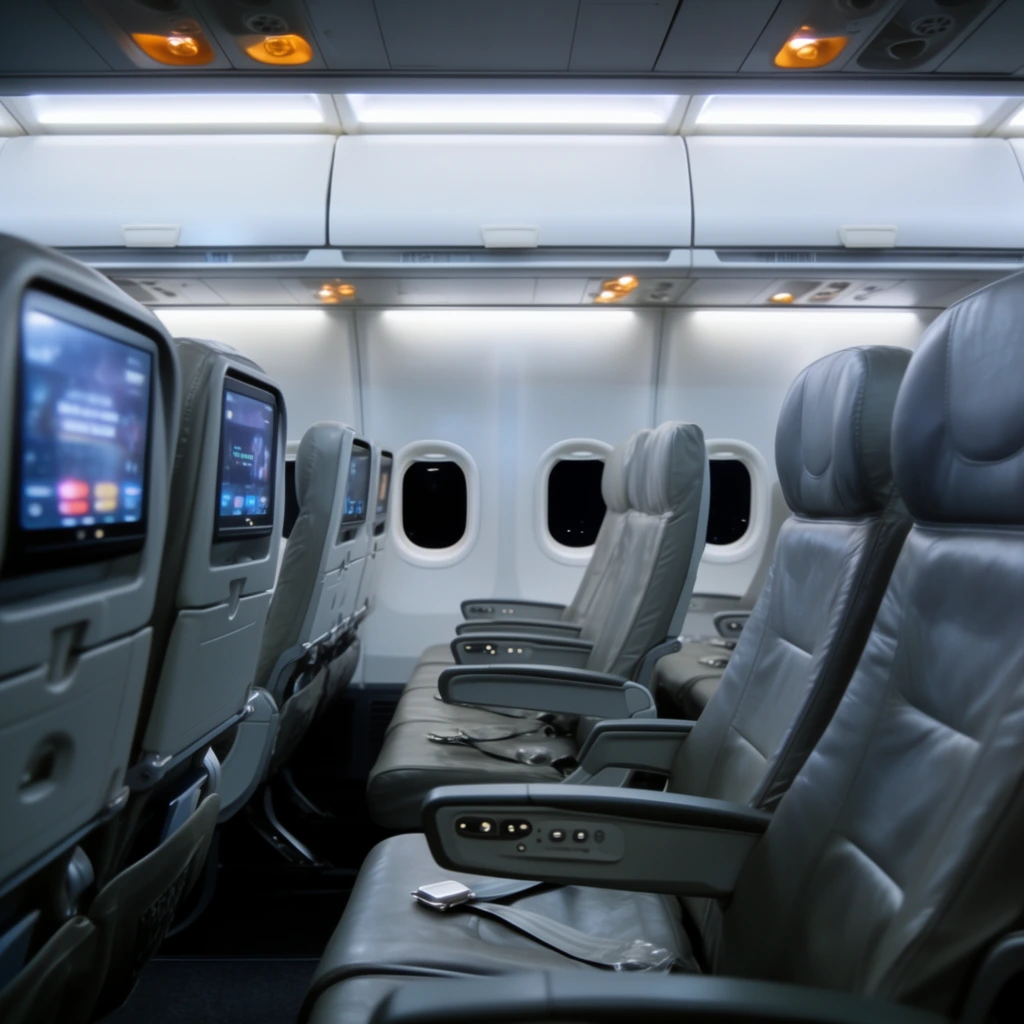 empty commercial aircraft cabin, rows of grey faux-leather seats, rigid plastic seatbacks with embedded glowing entertainment screens, draped seatbelts on cushions, armrests with recessed control buttons, closed white overhead luggage bins, warm amber ceiling indicator lights, small oval windows framing pitch black night, seated passenger perspective, cool sterile overhead lighting, modern aviation interior