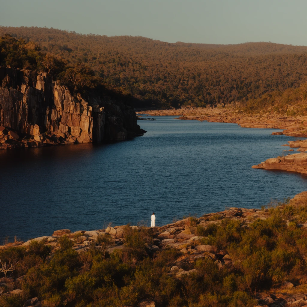 Rocky riverbank, low shrubs, deep blue river, tiny figure in white at water edge, steep rock cliffs, rolling forested hills, warm golden hour lighting, wide cinematic landscape