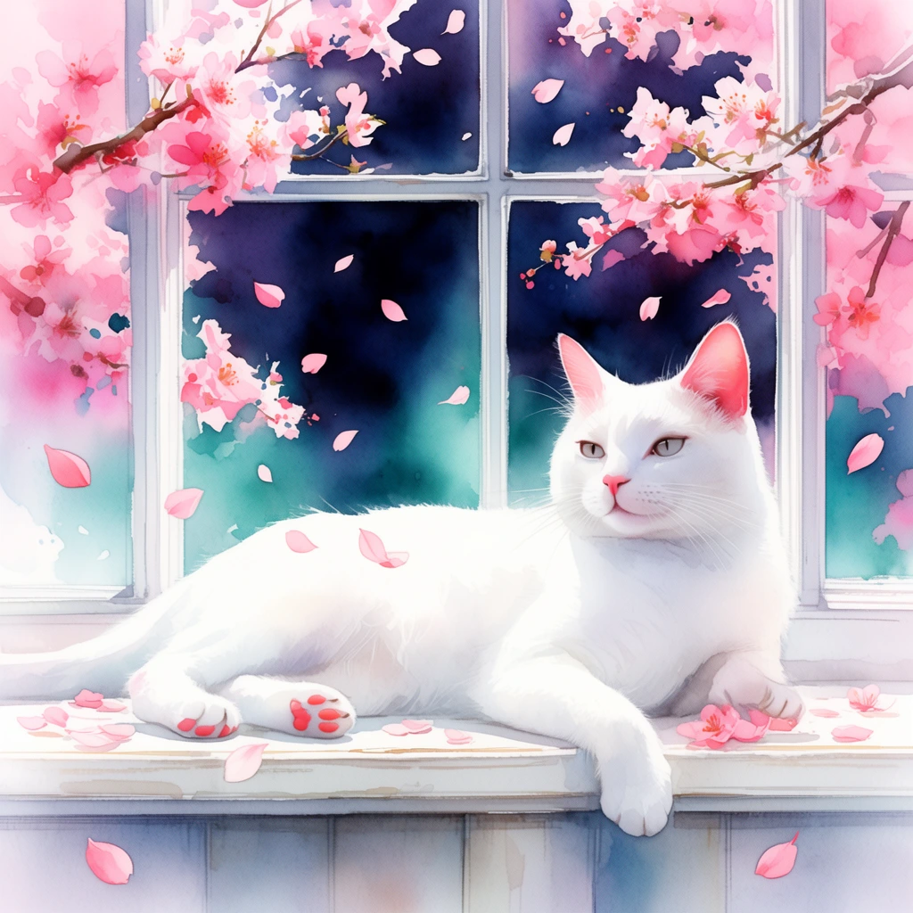 pure white cat lounging on a white wooden windowsill, paws gently draped over the ledge, pink inner ears and paw pads, multi-paned window, deep indigo and teal watercolor wash background outside the glass, vibrant pink cherry blossom branches framing the window, loose pink petals floating dynamically through the air and scattered on the sill, delicate watercolor illustration, soft ethereal lighting, high contrast between pastel pinks and dark background, expressive brushstrokes, luminous shading, serene and tranquil atmosphere