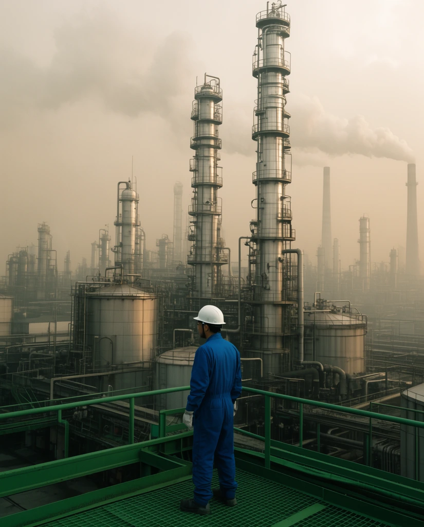 A cinematic wide shot of an industrial refinery under a smoggy sky. A worker in a blue jumpsuit and hard hat stands on a green metal foreground platform. The compressed background features towering silver distillation columns, storage tanks, and distant smokestacks.