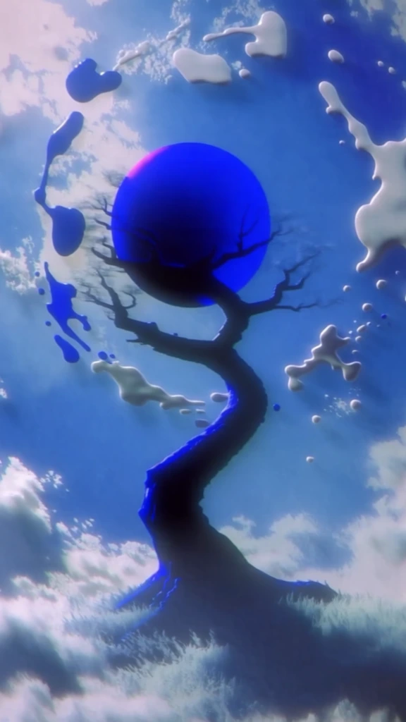 a solitary gnarled tree spiraling upward from the lower center, its dark silhouette framed by a massive solid orb nested in the upper branches, amorphous liquid splatters and fluid blobs dancing around the trunk base and celestial circle, all rendered in a hazy lo-fi 2000s digital aesthetic, soft gaussian blur, ethereal ultramarine and sky blue palette, diffused high-key glow, dreamy nostalgic atmosphere, low-resolution early cgi artifacts, liminal dreamcore aesthetic.