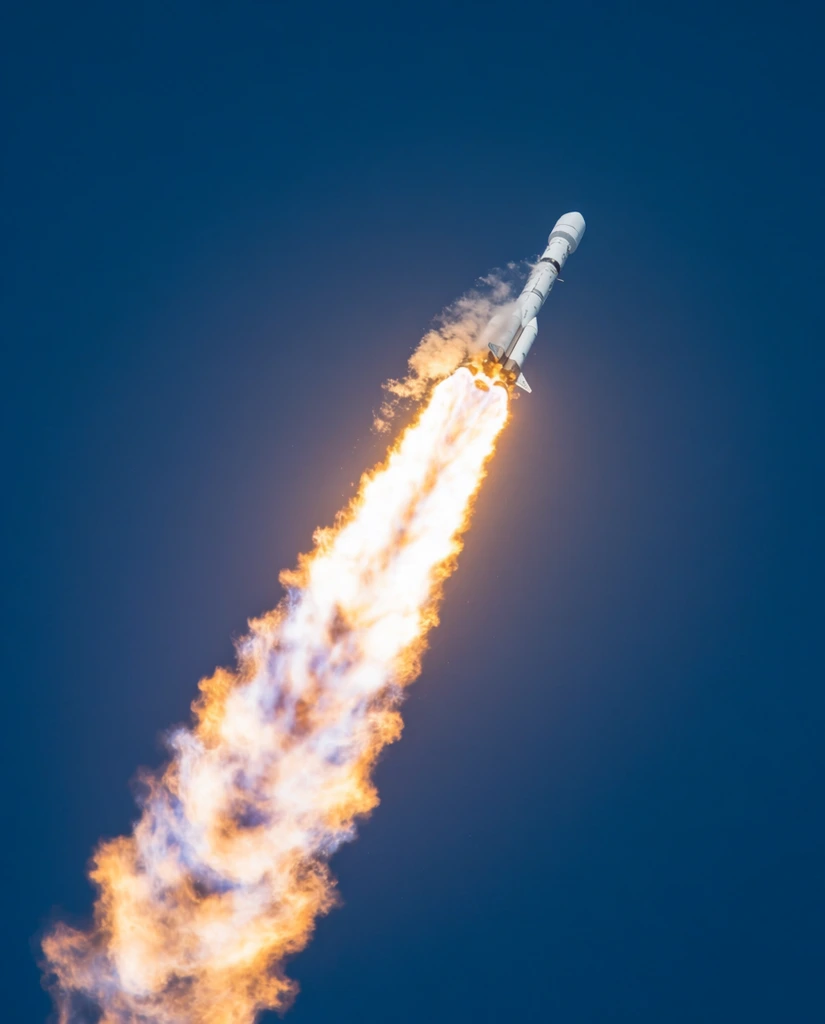 A slender white rocket ascends diagonally across a deep... | Krea