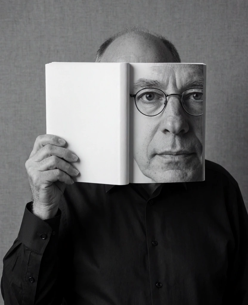 A black and white conceptual portrait features an older man with a balding head and thin-rimmed circular glasses staring directly at the camera while holding an open white book. The man's right hand, with visible knuckles and skin texture, grips the spine and left side of the book, which is positioned so that its right-hand page covers the right side of his face. Printed on this right-hand page is a large, high-contrast photograph of his own facial features, which aligns almost seamlessly with his actual physical face, creating a surreal doubling effect. His real left eye, ear, and the top of his head are visible, while the printed image on the page provides the right eye, nose, and mouth. He has a small, distinct mole on his forehead above his left eye and wears a dark, long-sleeved button-down shirt. The background consists of a plain, uniformly textured grey wall that resembles fabric. The lighting is soft and directional from the left side of the frame, creating gentle shadows on the right side of the subject's face, neck, and within the folds of his shirt. The composition is a medium close-up shot with a sharp focus on the man's gaze and the clever alignment between the physical person and the printed image.